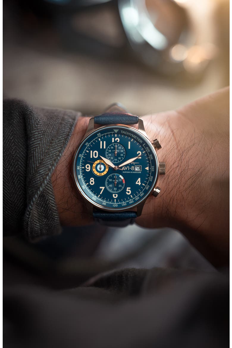 Hawker Hurricane Classic Chronograph Leather Strap Watch, 44mm, Alternate, color, BLUE