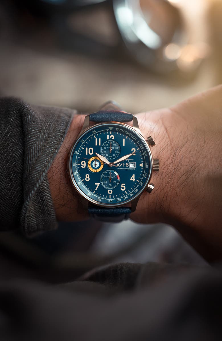 AVI-8 Hawker Hurricane Classic Chronograph Leather Strap Watch, 44mm, Alternate, color, Blue