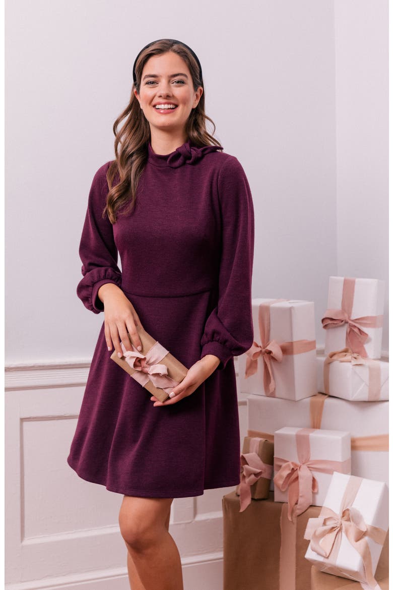 Valentina Bow Detail Long Sleeve Fit & Flare Sweater Dress, Alternate, color, BLACK CURRANT