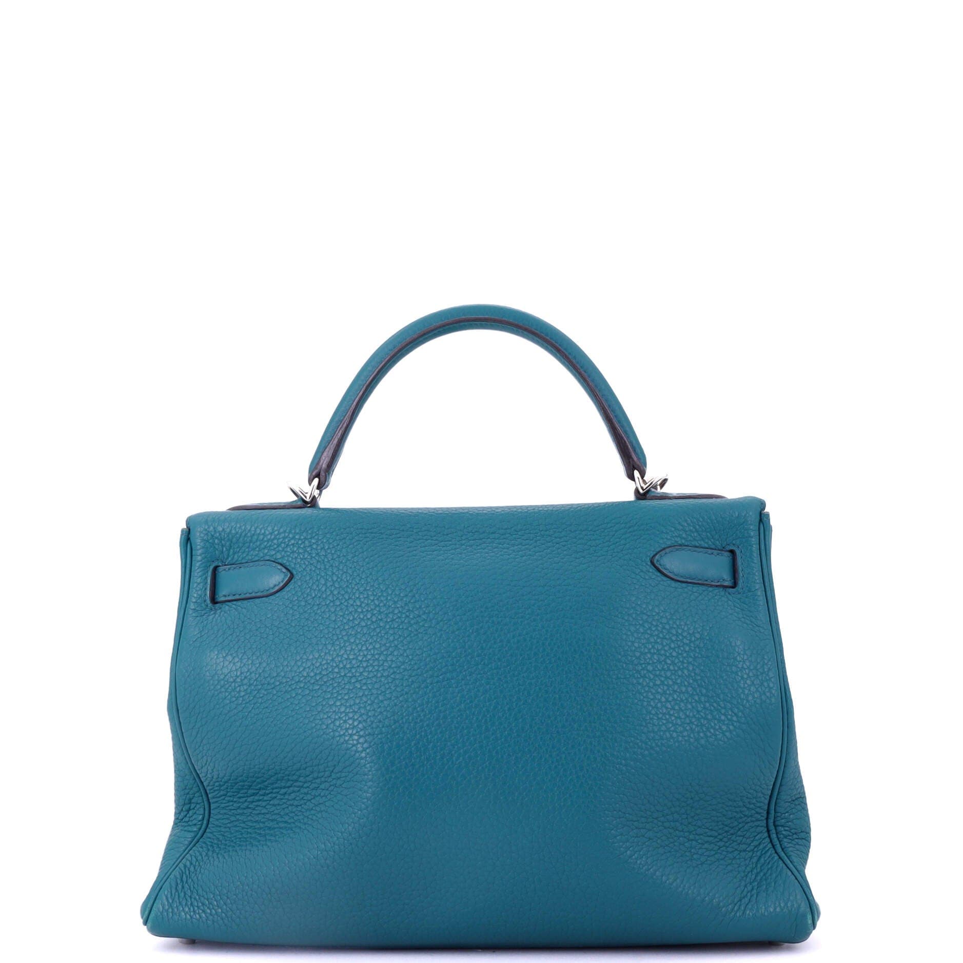 Pre-Owned Hermes Kelly Amazone Handbag Blue Clemence with Palladium Hardware 32, Alternate, color, 