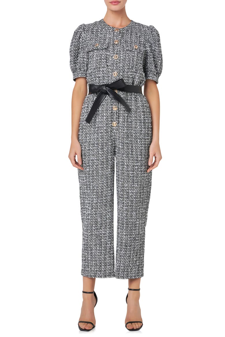Tweed Puff Sleeve Ankle Jumpsuit, Main, color, BLACK/ WHITE