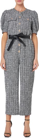 Tweed Puff Sleeve Ankle Jumpsuit