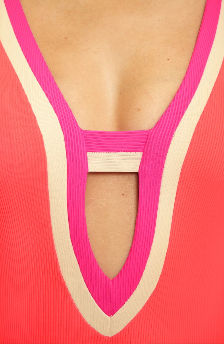 Becca Coast Line Plunge One-Piece Swimsuit, Alternate, color, Caliente