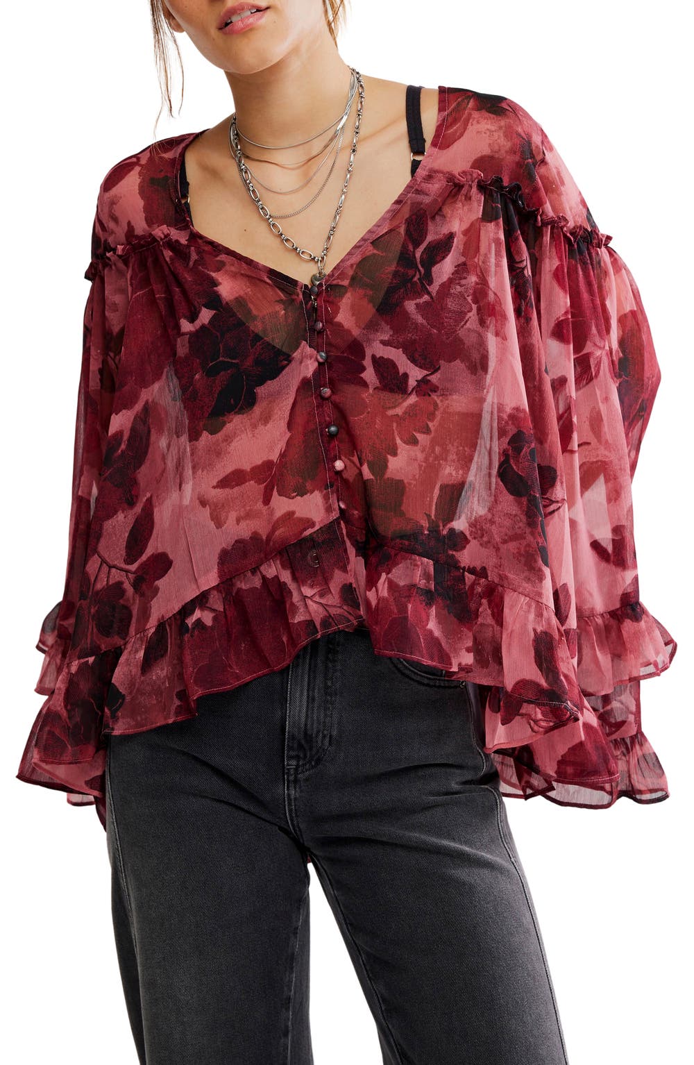 Day Dreaming Ruffle Trim Top, color, ROSE COMBO