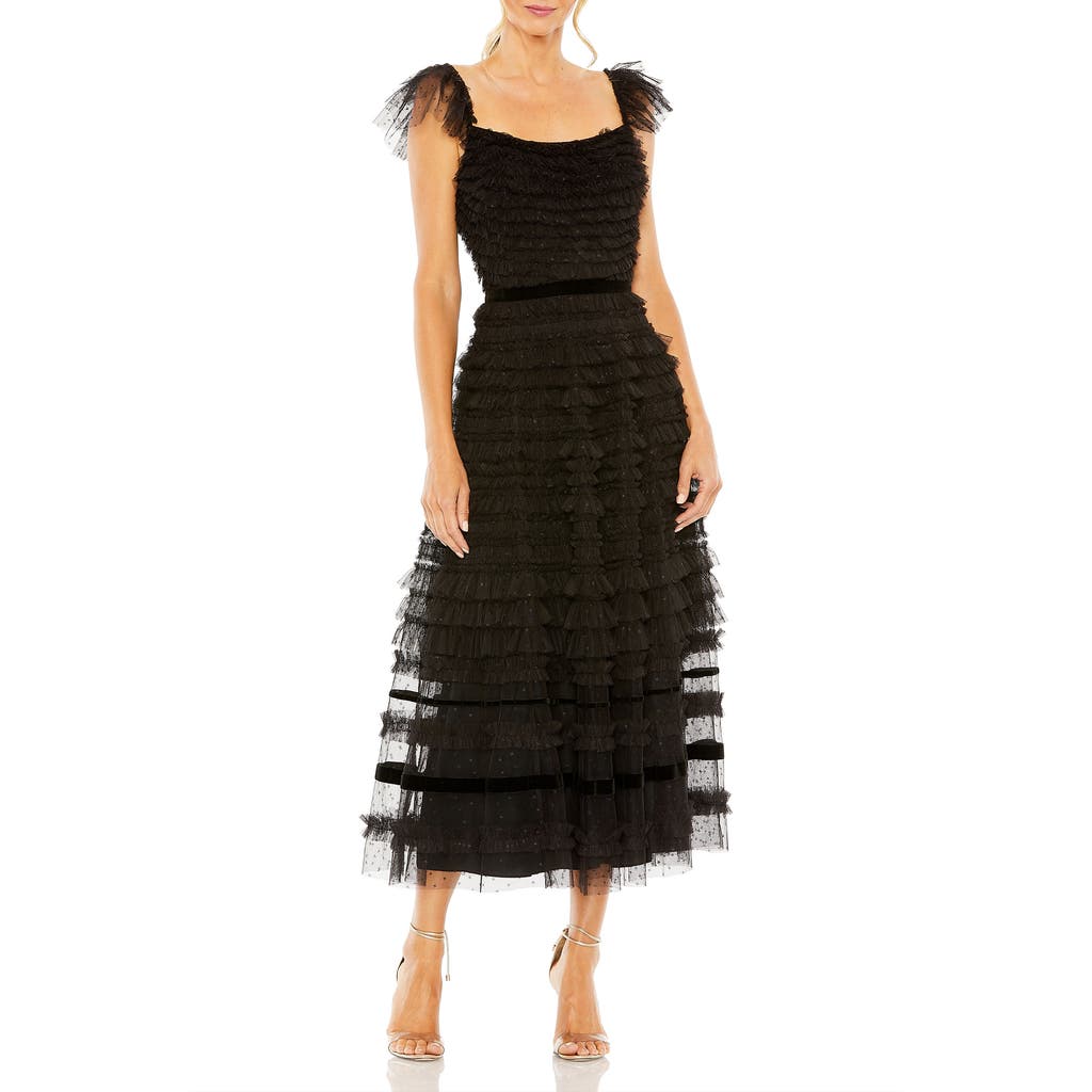 Mac Duggal Tiered Ruffle Tulle Cocktail Midi Dress In Black