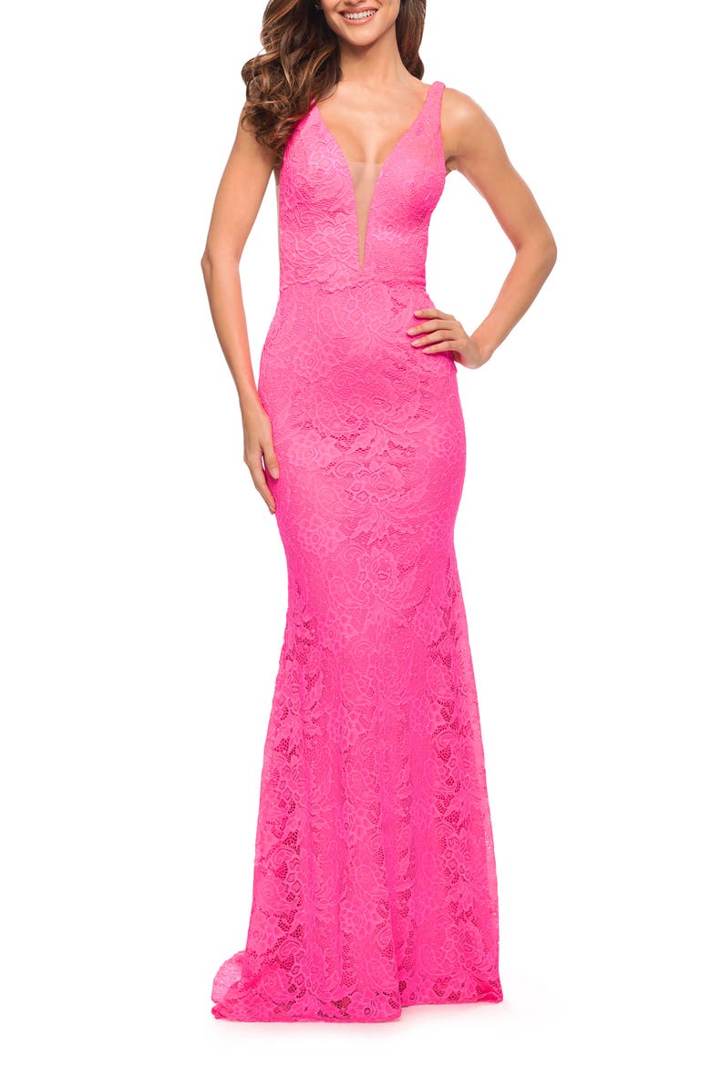 Chic Stretch Neon Pink Lace Gown with Deep V Neckline, Main, color, Neon Pink