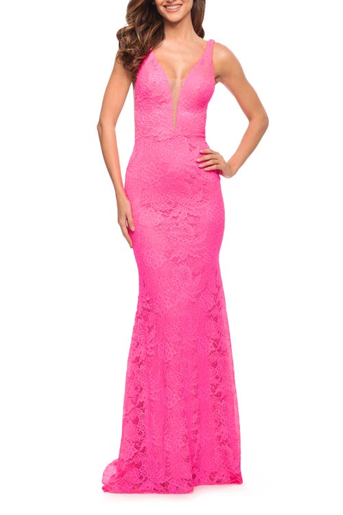 La Femme Chic Stretch Neon Pink Lace Gown With Deep V Neckline In Neon Pink