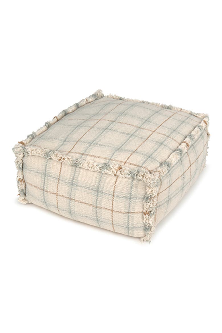 Tartan Fringe Trim Pouf, Main, color, BLUE SAGE NATURAL