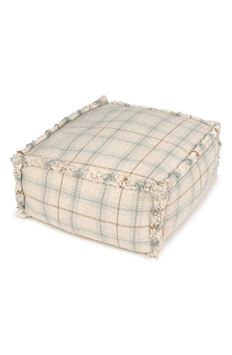 Lorena Canals Tartan Fringe Trim Pouf, Main, color, Blue Sage Natural