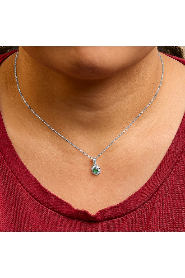 14K White Gold Oval Green Emerald and Diamond Halo Pendant Necklace, Alternate, color, White