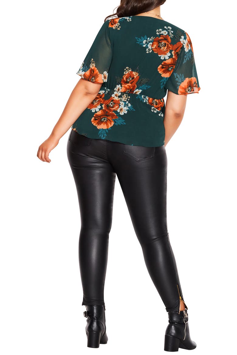 Valencia Floral Faux Wrap Top, Alternate, color, EMERALD POPPY PLAY