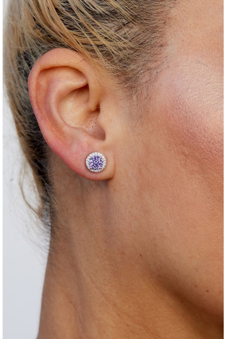 Floral Faceted Round Cubic Zirconia Halo Stud Earrings, Alternate, color, LAVENDER