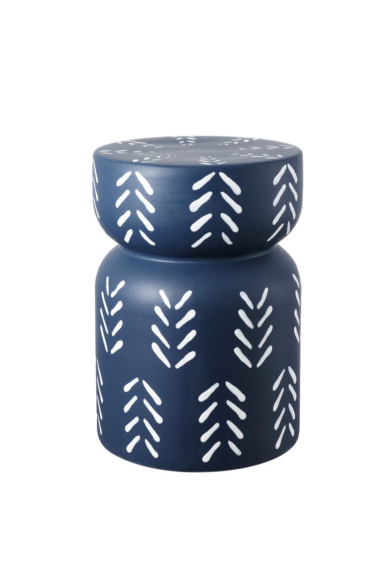 Kiri Bohemian Chevron Hourglass Ceramic Indoor/Outdoor Garden Stool with Handles, Weather-Resistant Accent Side Table, Main, color, Navy/White