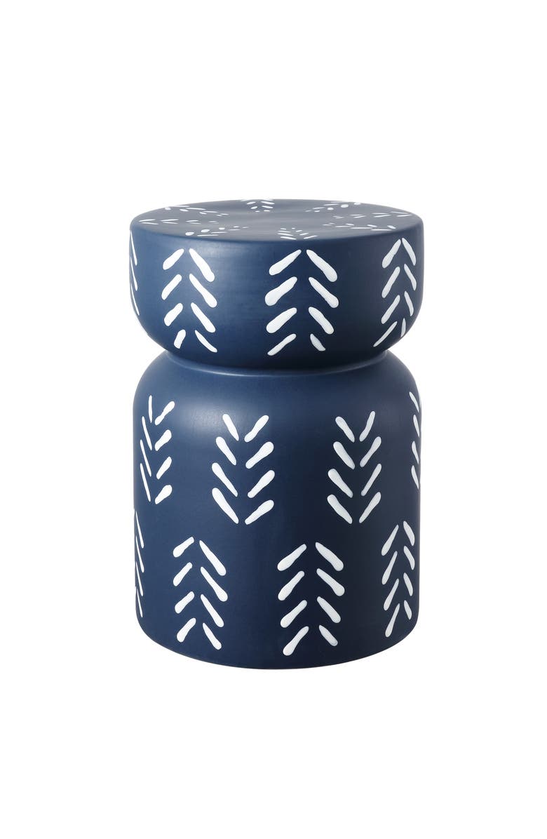 JONATHAN Y Kiri 18" Modern Bohemian Arrow Pattern Drum Indoor/Outdoor Garden Stool, Main, color, Navy/White