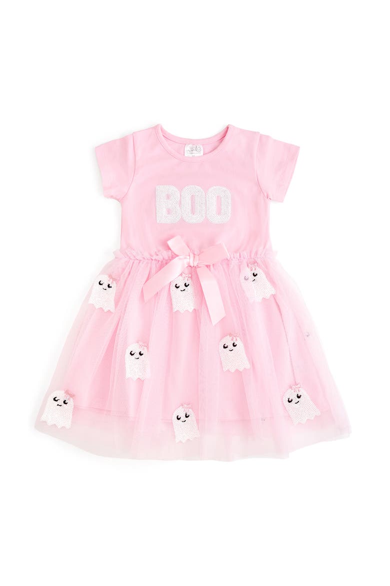 Boo Sequin Patch Halloween Short Sleeve Tutu Dress, Main, color, Soft Pink