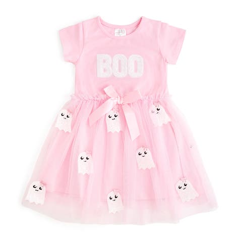 Boo Sequin Patch Halloween Short Sleeve Tutu Dress