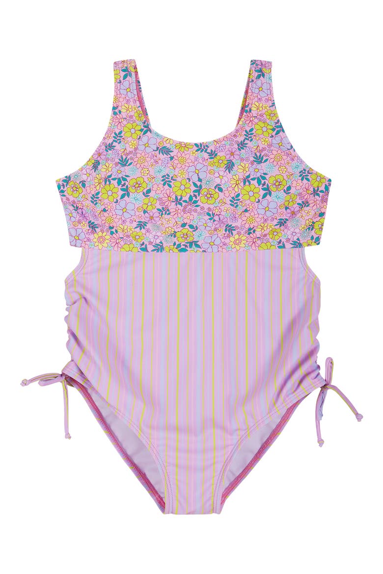 Kids' Floral Stripe Ruched One-Piece Swimsuit, Main, color, PURPLE FLORAL