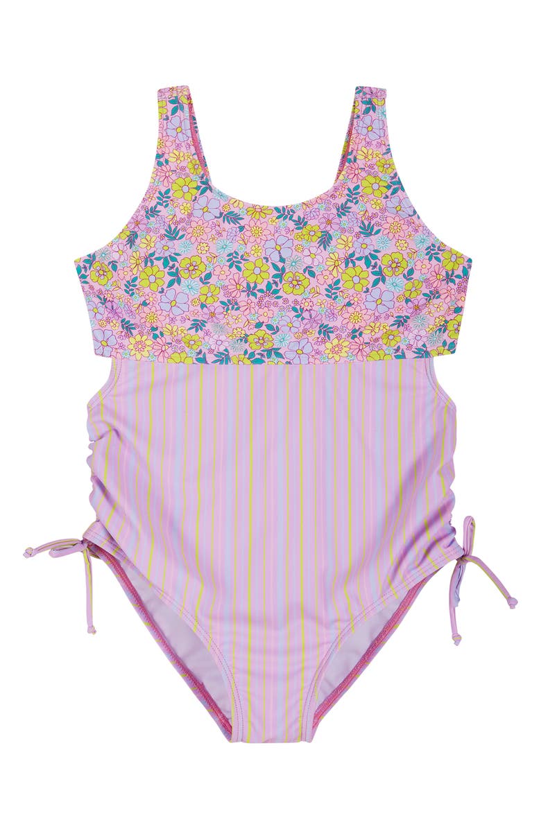 Andy & Evan Kids' Floral Stripe Ruched One-Piece Swimsuit, Main, color, Purple Floral