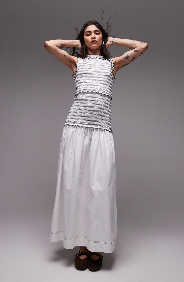 Topshop Contrast Stitch Smocked Drop-Waist Maxi Dress, Main, color, White