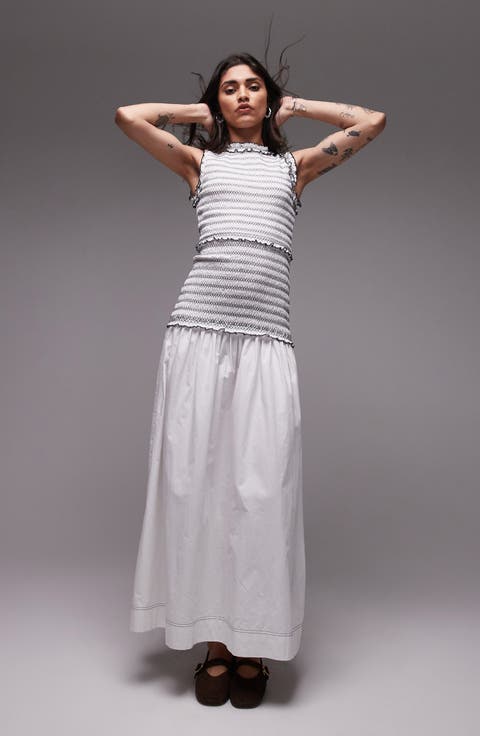 Contrast Stitch Smocked Drop-Waist Maxi Dress