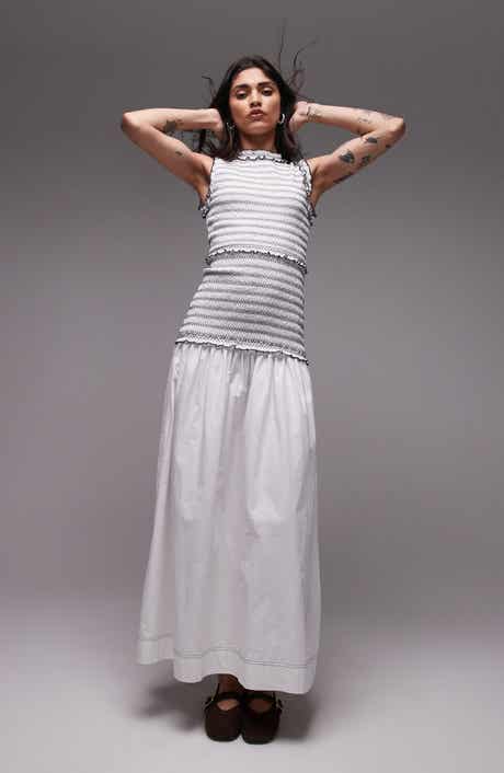 Topshop Contrast Stitch Smocked Drop-Waist Maxi Dress