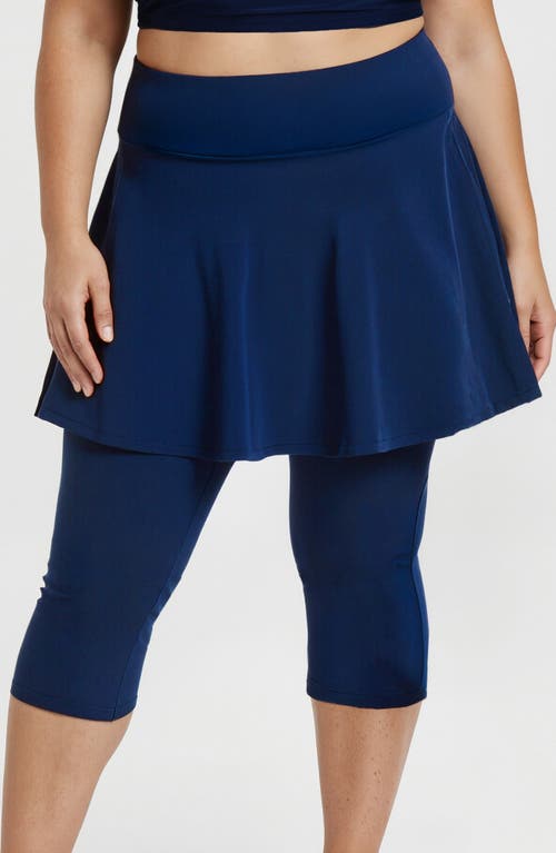 Calypsa Plus Size Flared Swim Skort With Capri Leggings In Blue