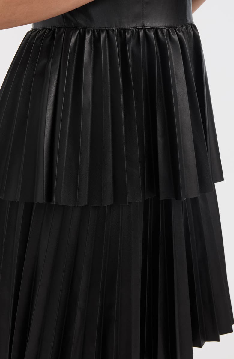 Ellen Tracy Pleated Tiered Faux Leather Dress, Alternate, color, Black
