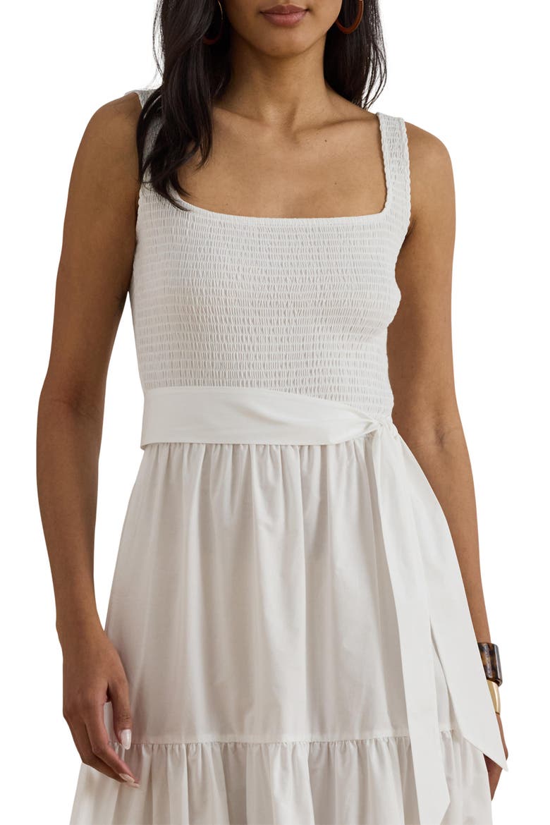 Smocked Bodice Sleeveless Tiered Midi Dress, Alternate, color, WHITE