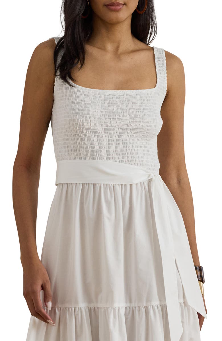 Lauren Ralph Lauren Smocked Bodice Sleeveless Tiered Midi Dress, Alternate, color, White