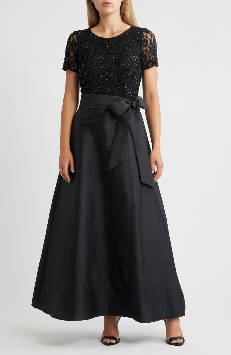 Pisarro Nights Lace & Taffeta Gown, Main, color, Black