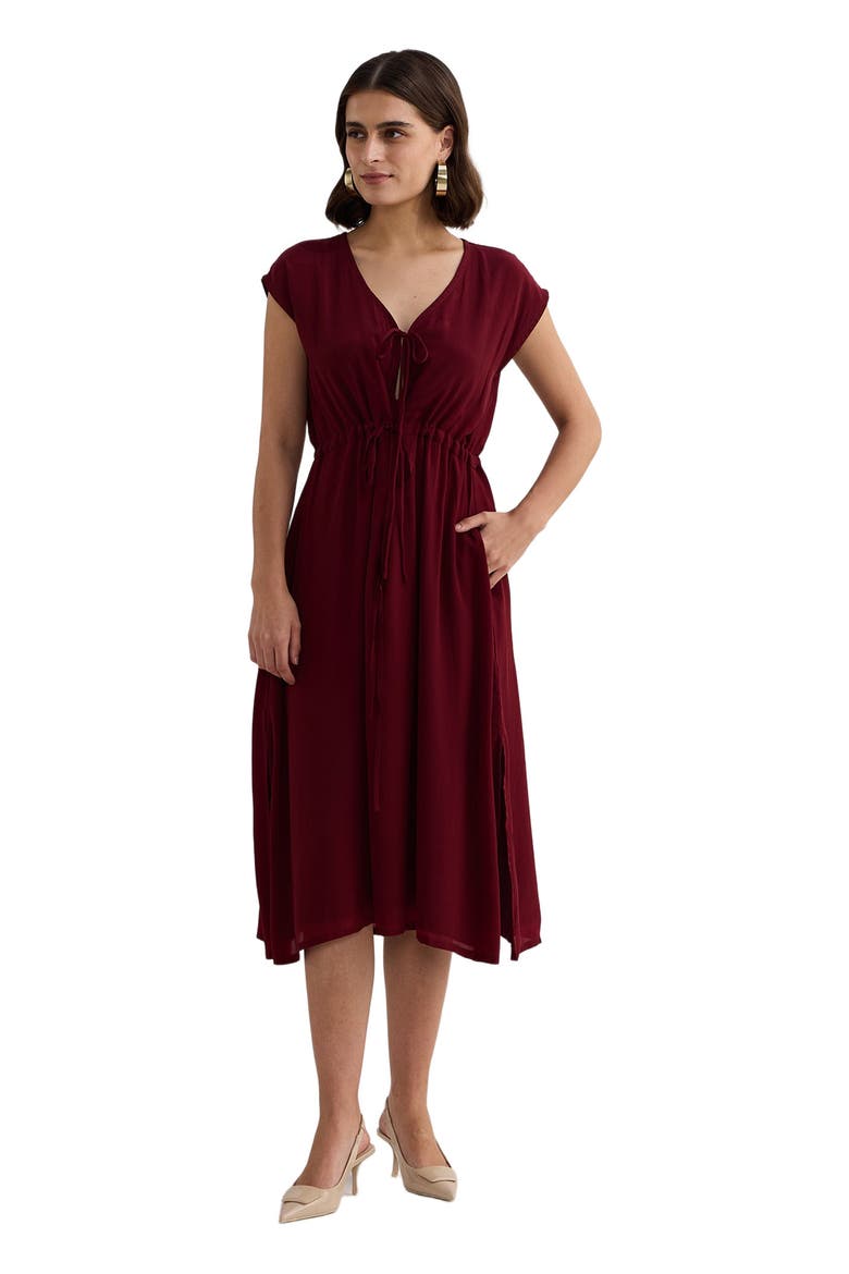 Deep V-neck Gathered Dress in Burgundy, Alternate, color, Burgundy
