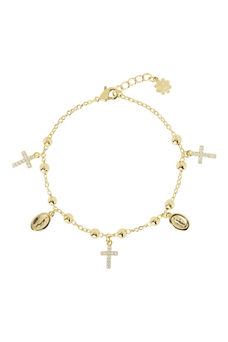 Medallion & Cubic Zirconia Cross Charm Bracelet, Main, color, GOLD