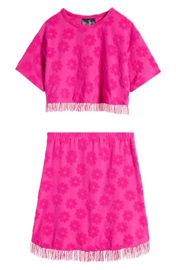 Ava & Yelly Kids' Fringe Cover-up Top & Skirt Set In Fuchsia