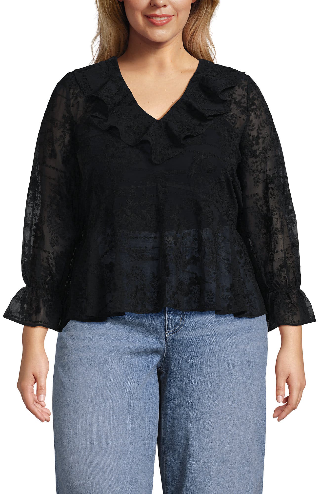 Plus Size Feminine Ruffle Chiffon V Neck Blouse