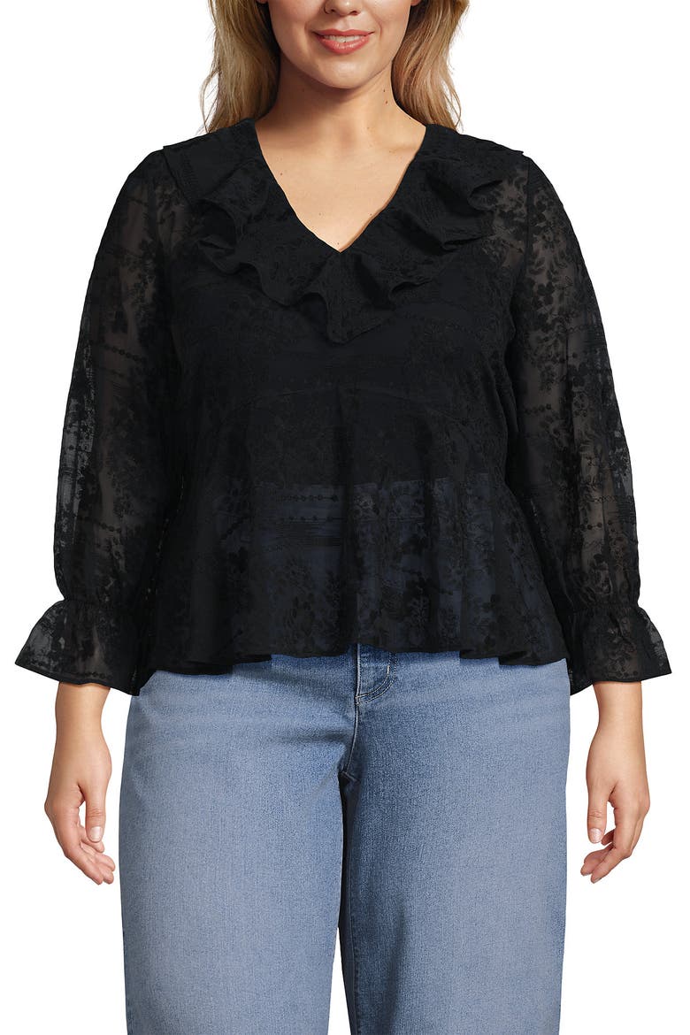 Plus Size Feminine Ruffle Chiffon V Neck Blouse, Main, color, Black