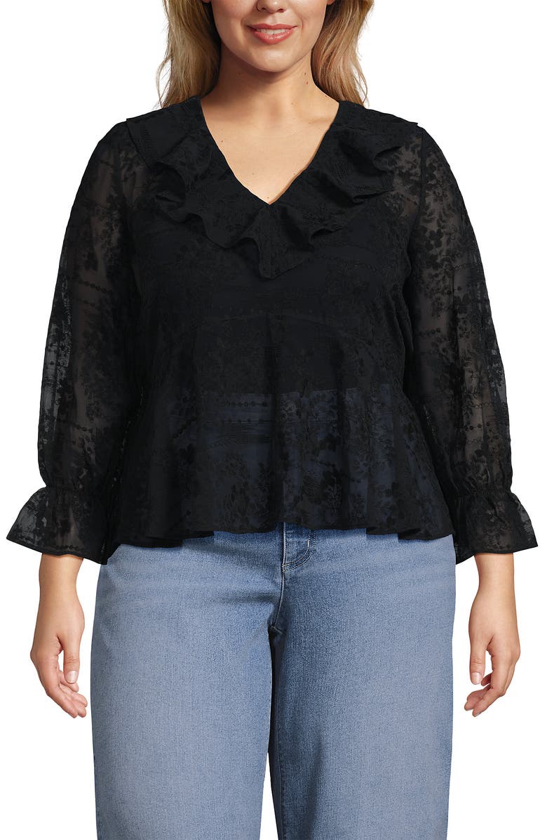 Lands' End Feminine Ruffle Chiffon V Neck Blouse, Main, color, Black