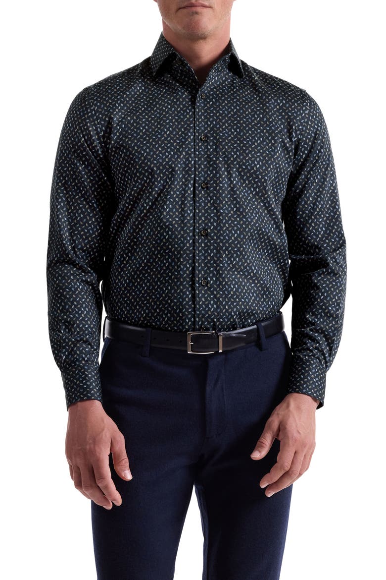 Alvin Trim Fit Leaf Print Stretch Cotton Button-Up Shirt, Main, color, NAVY