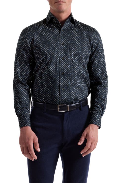Alvin Trim Fit Leaf Print Stretch Cotton Button-Up Shirt