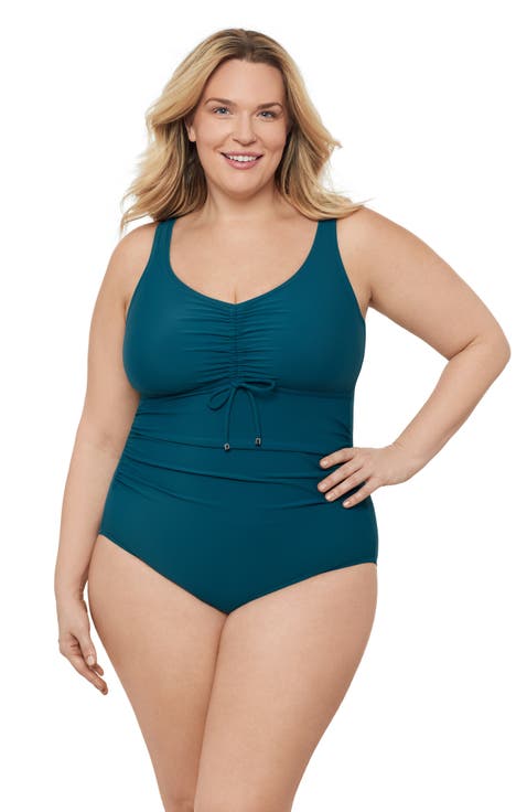 Plus Size Cinch V-neck Side Shirred One-Piece Swimsuit