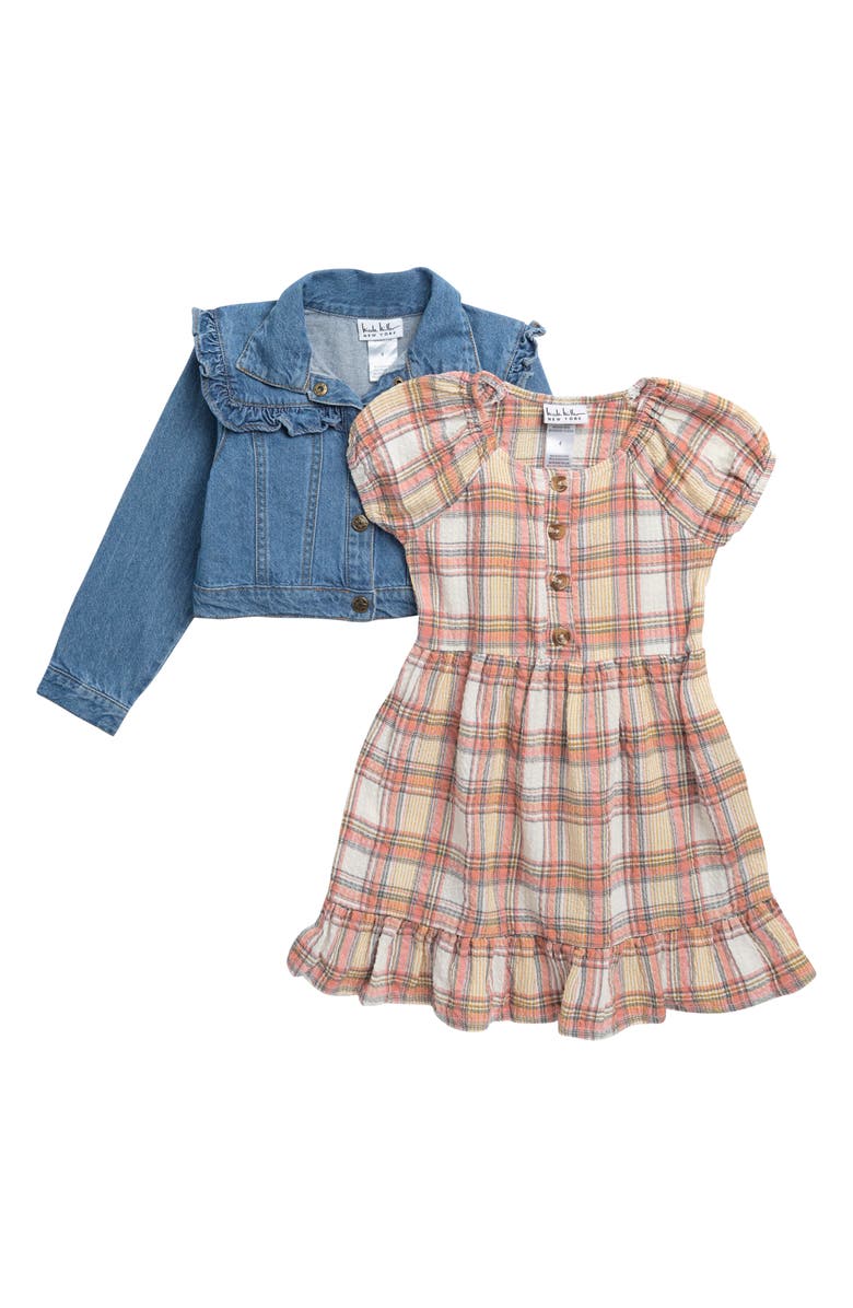 Nicole Miller Kids' Ruffle Denim Jacket & Plaid Dress Set, Main, color,