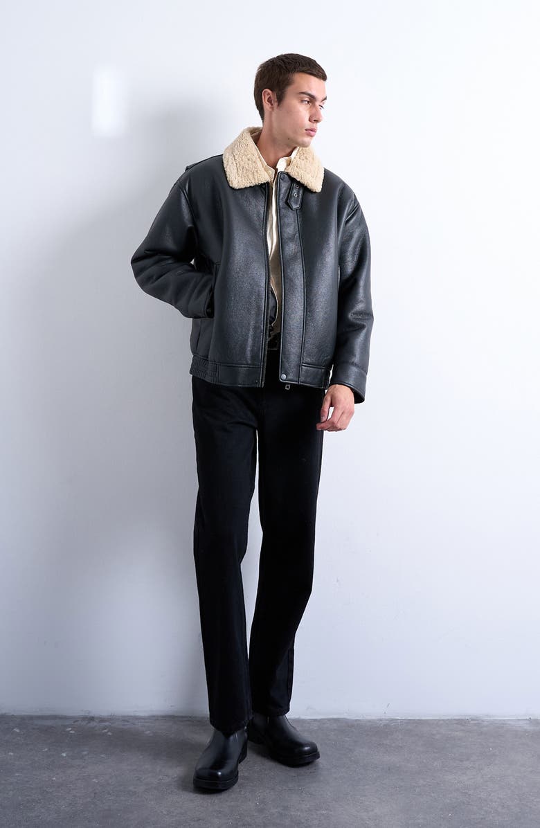 Topman Faux Leather & Faux Shearling Bomber Jacket, Alternate, color, Black