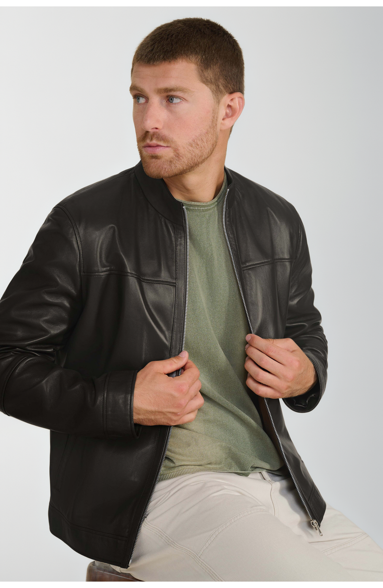 FURNIQ UK Otis Racer Leather Jacket, Alternate, color, Black