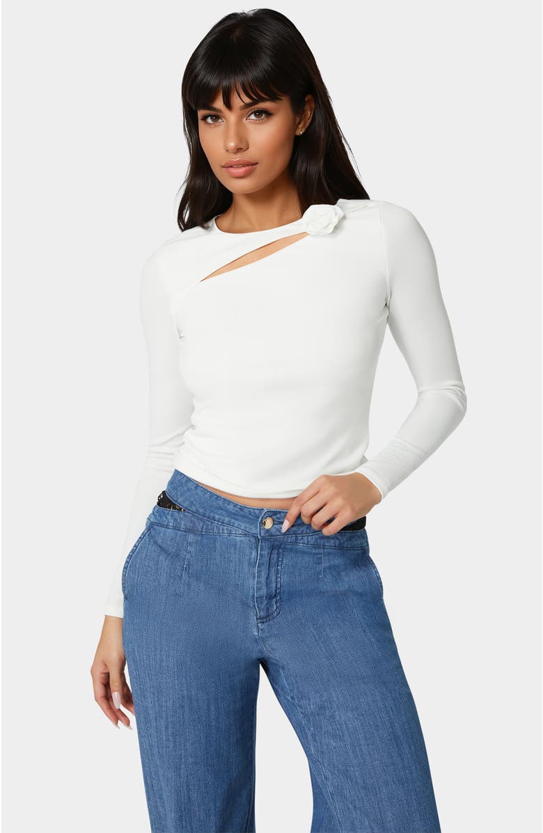 bebe Cut Out Flower Long Sleeve Top, Main, color, White Alyssum