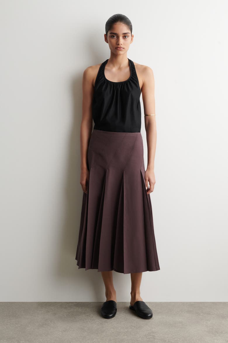 Pleated Cotton-linen Midi Skirt, Main, color, BURGUNDY