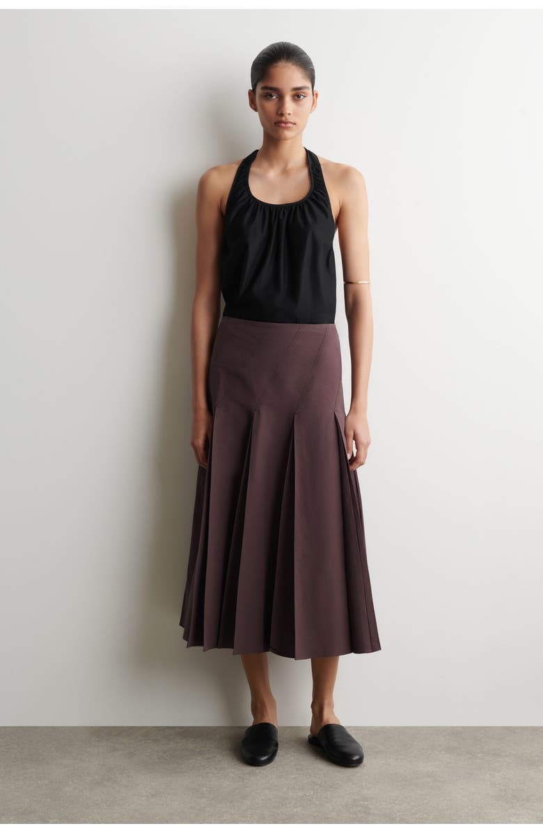 COS Pleated Cotton-linen Midi Skirt, Main, color, Burgundy