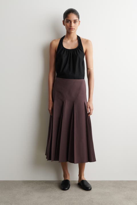 Pleated Cotton-linen Midi Skirt