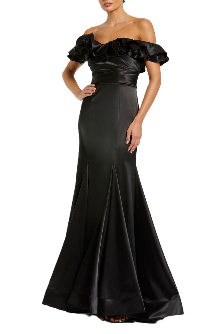 Satin Ruffle Off the Shoulder Mermaid Gown, Main, color, Black