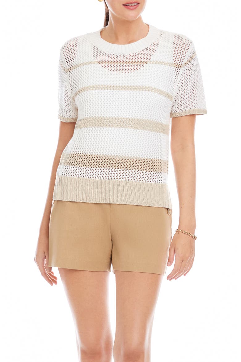 Faye Stripe Short Sleeve Mesh Stitch Sweater, Main, color, CREAM/ KHAKI