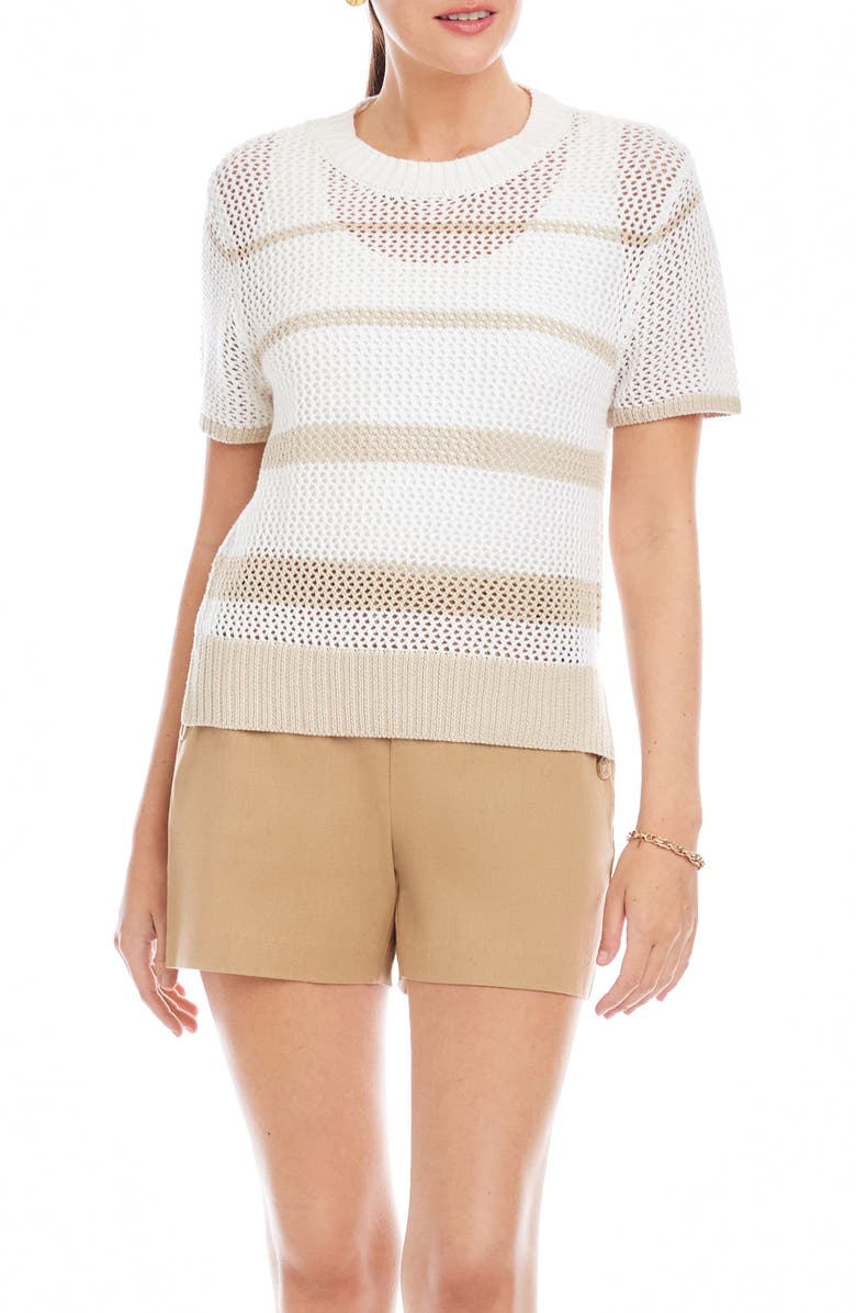 FIFTEEN TWENTY Faye Stripe Short Sleeve Mesh Stitch Sweater, Main, color, Cream/ Khaki