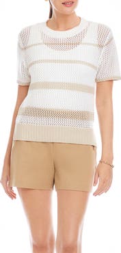 FIFTEEN TWENTY Faye Stripe Short Sleeve Mesh Stitch Sweater